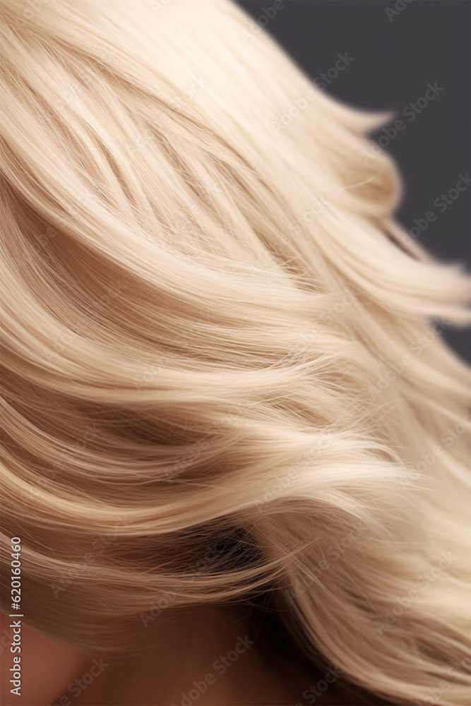 Naklejka premium A closeup view of a bunch of shiny straight blond hair in a wavy curved style.social media content for beauty salons. hair dye color in the catalog. Generative AI