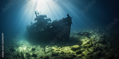 AI Generated. AI Generative. Under water sea ocean scuba difing adventures. Underwater explore trip old histiry ship. Nautical marine deep bluew vibe.Graphic Art