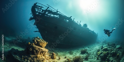 AI Generated. AI Generative. Under water sea ocean scuba difing adventures. Underwater explore trip old histiry ship. Nautical marine deep bluew vibe.Graphic Art © Graphic Warrior