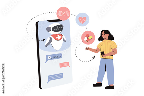 Healthcare AI consulting service. Flat patient receive consultation and treatment in online chat with chatbot. Bot give medical advice or diagnosis. Clinic AI assistant. Future technology in medicine.