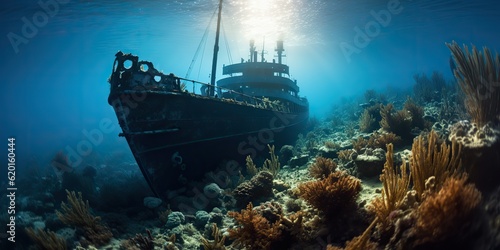 AI Generated. AI Generative. Under water sea ocean scuba difing adventures. Underwater explore trip old histiry ship. Nautical marine deep bluew vibe.Graphic Art