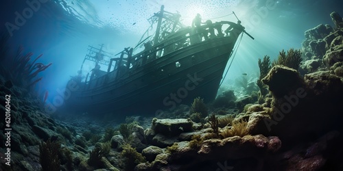 AI Generated. AI Generative. Under water sea ocean scuba difing adventures. Underwater explore trip old histiry ship. Nautical marine deep bluew vibe.Graphic Art © AkimD