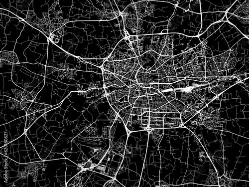 Vector road map of the city of  Rennes in France on a black background.