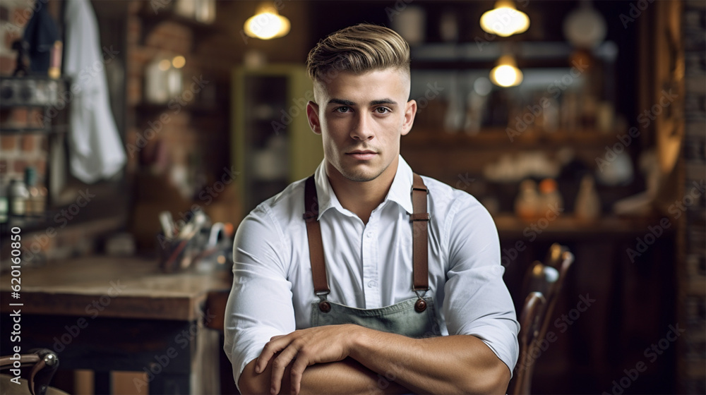 portrait of a stylish young man hairdresser at the workplace in the barbershop. Generative AI portrait of a stylish young man hairdresser at the workplace in the barbershop. Generative AI