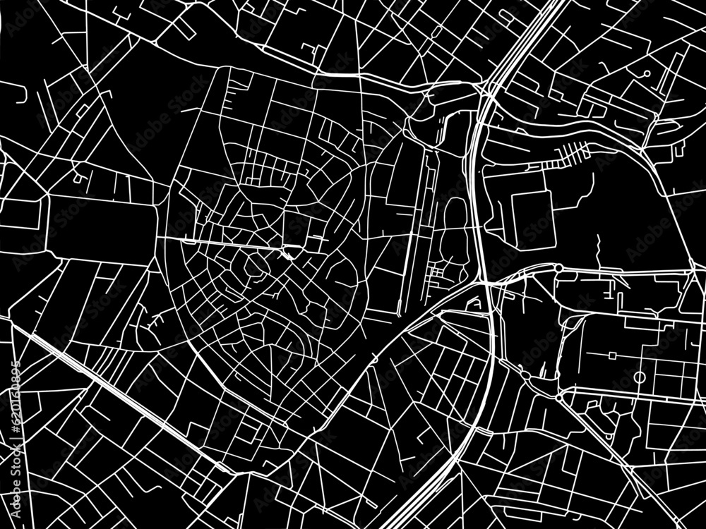 Vector road map of the city of  Montpellier Centre in France on a black background.