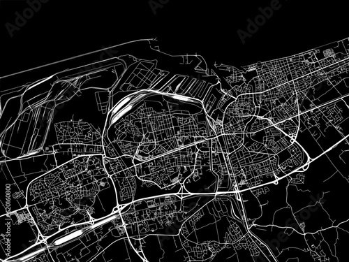 Vector road map of the city of  Dunkirk in France on a black background.