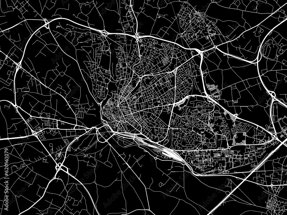 Vector road map of the city of  Beziers in France on a black background.
