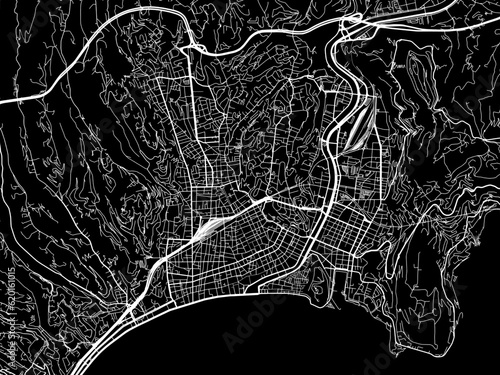Vector road map of the city of  Nice in France on a black background.