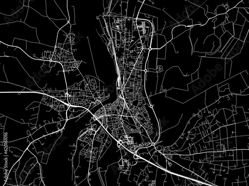 Vector road map of the city of  Arles in France on a black background.