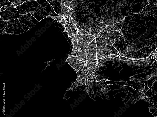 Vector road map of the city of  Marseille Metropole in France on a black background.