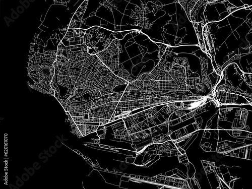 Vector road map of the city of  Le Havre in France on a black background.