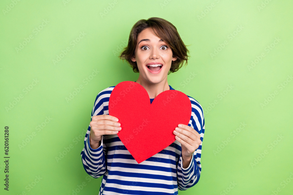 Photo of young surprise girl hold red paper big symbol heart love story girlfriend shock sympathy isolated on green color background Photo of young surprise girl hold red paper big symbol heart love story girlfriend shock sympathy isolated on green color background