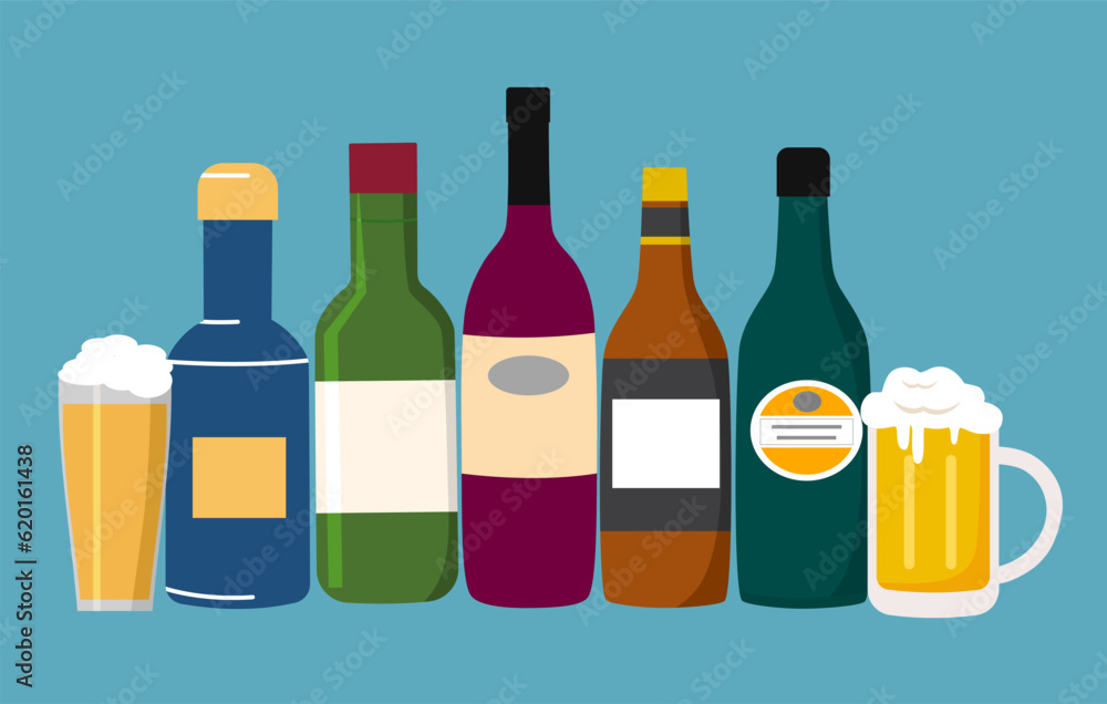 Alcohol drink concept vector illustration. Wine bottles and beer glasses in flat design. Alcohol drink concept vector illustration. Wine bottles and beer glasses in flat design.