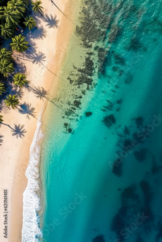 Aerial view of beautiful tropical beach and sea with coconut palm tree. Generative AI.