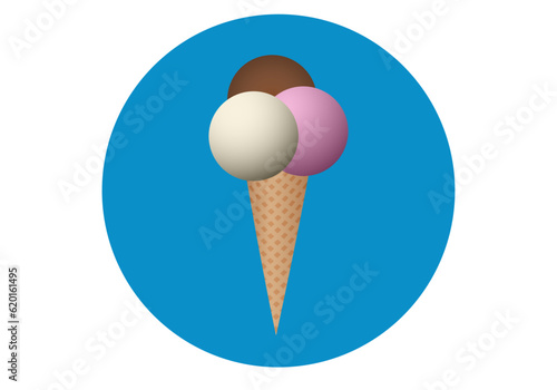 Icono de helado de tres sabores, fresa, vainilla y chocolate. Heladería. Dulces. Postres. Verano photo