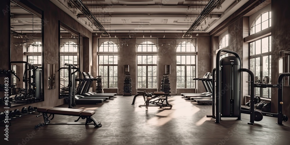Generative AI. Art Nouveau empty gym. New gym design 3d illustration