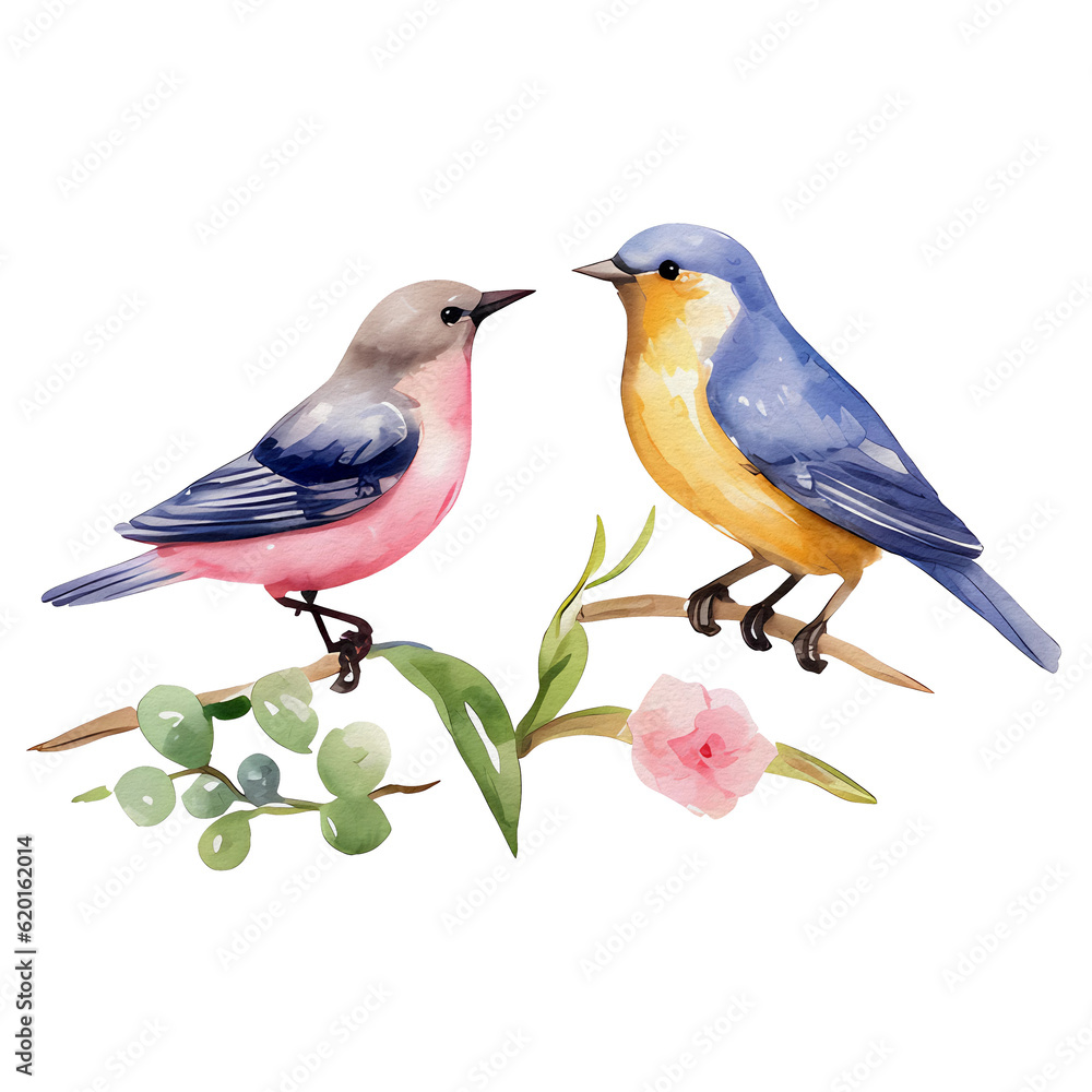 watercolor beautiful bird on branch and flowers, ai generative