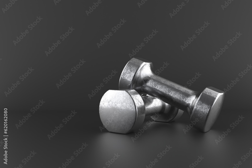 Silver metal dumbbells on a dark background. 3D illustration Silver metal dumbbells on a dark background. 3D illustration