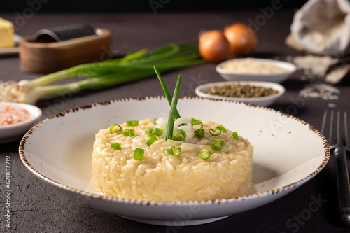 Freshly cooked vegetarian risotto with parmesan cheese and green onion. Italian risotto.