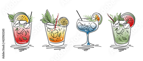 Cocktails collection line art drawing on white background. Summer drinks outline. Drinks for cafe or bar menu vector illustration