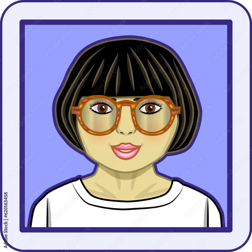 Avatar profile pic of young Asian woman with black hair, brown eyes and big glasses. Vector illustration. Avatar profile pic of young Asian woman with black hair, brown eyes and big glasses. Vector illustration.