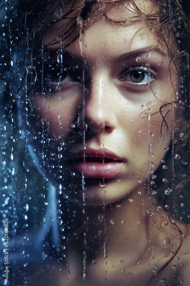 Smooth portrait of a sexy model with dark hair behind a transparent glass covered with water drops.Generative AI Smooth portrait of a sexy model with dark hair behind a transparent glass covered with water drops.Generative AI