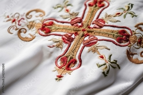 Embroidered cross on a white cloth  Generative AI