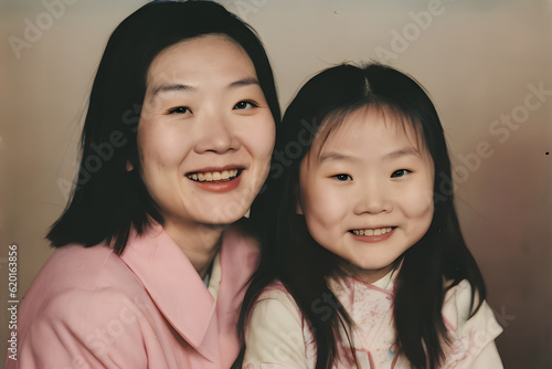 image of a 1970s vintage polaroid photo of an Asian mother and young daughter. (AI-generated fictional illustration)