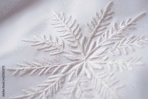 Embroidered white snowflake on white fabric  macro  closeup  Generative AI