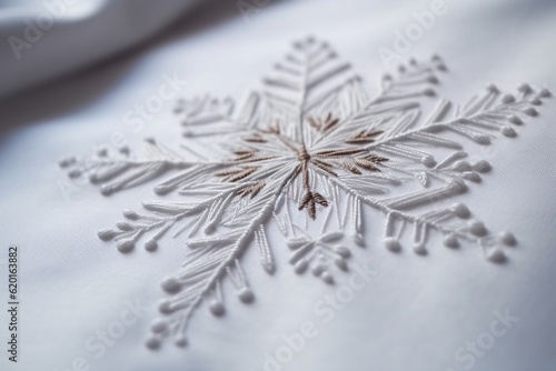 Embroidered white snowflake on white fabric, macro, closeup, Generative AI