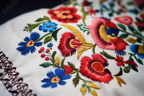 Traditional Ukrainian embroidery, embroidered flowers on white cloth, macro, closeup, colorful, Generative AI