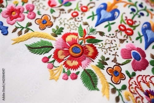 Traditional Ukrainian embroidery, embroidered flowers on white cloth, macro, closeup, colorful, Generative AI