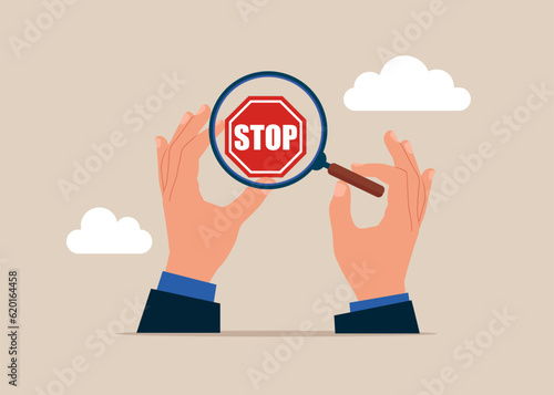 Hands human with magnifying glass and investigate incident with stop sign. Solving problem, identify risk . Vector illustration