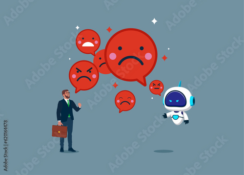Businessman and robot with artificial intelligence holding sad and evils face symbol. Chat bot. Company no benefit, negative attitude. Flat vector illustration