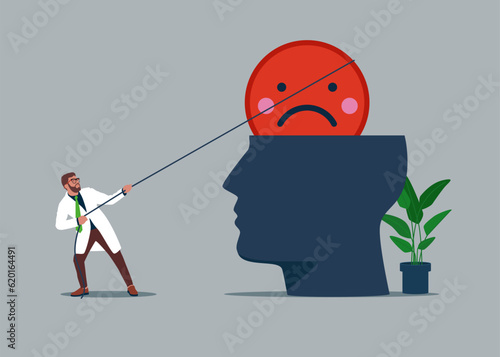 Therapist man help eliminate negative and depression  from patient head. Psychology support, help relief anxiety or depression. Vector illustration.
