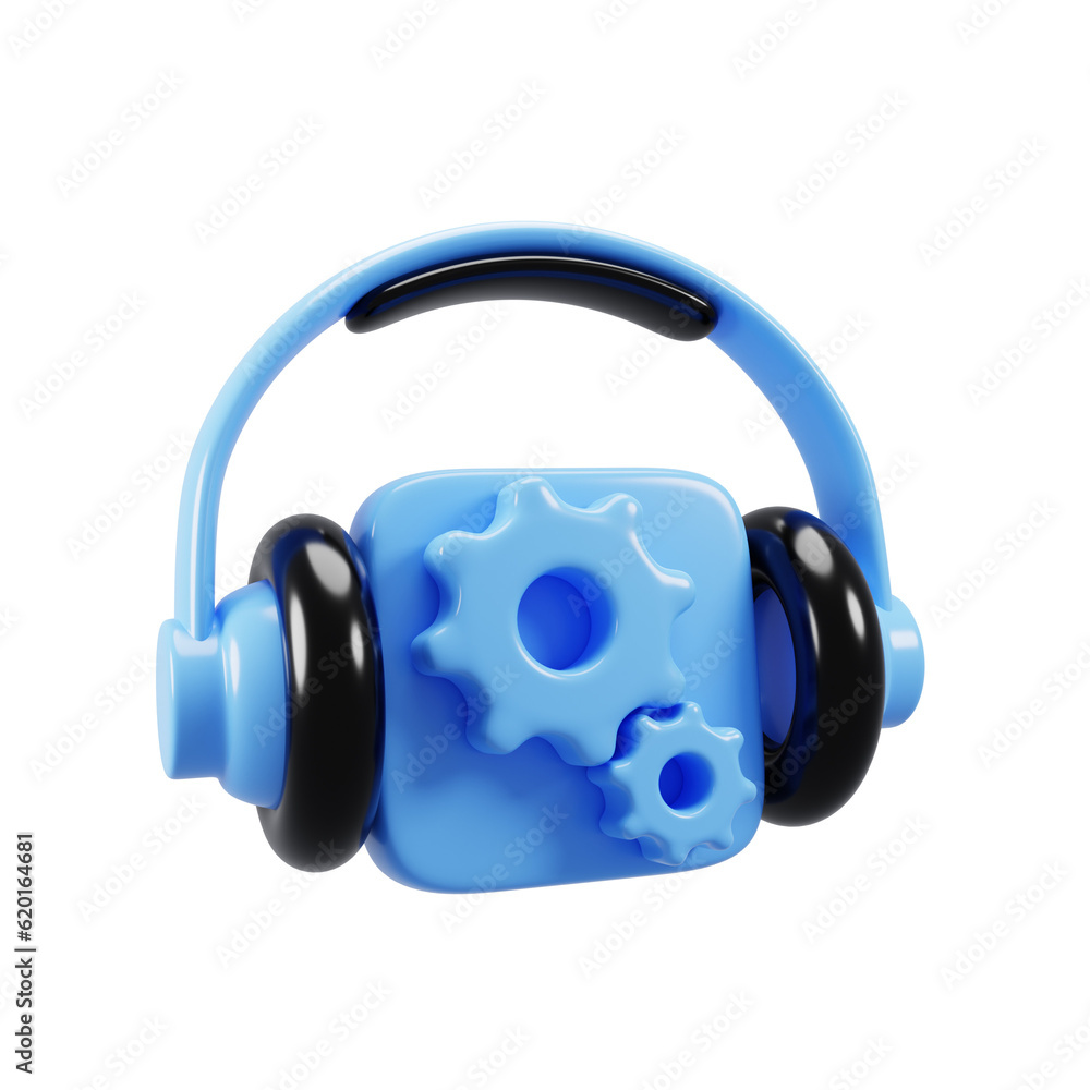 Audio setting icon concept with 3d cartoon style headphone and blue gear icon. 3d illustration Audio setting icon concept with 3d cartoon style headphone and blue gear icon. 3d illustration
