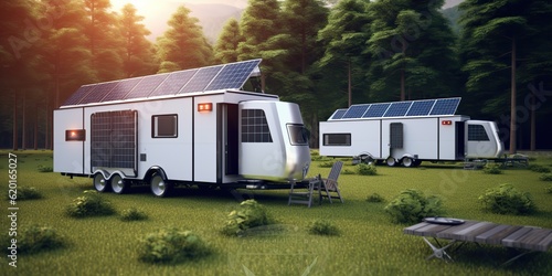 AI Generated. AI Generative. Camp van car house home rv transport with solar panel. Adventure travel outdooe nature van life with alternative electricity. Graphic Art