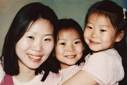 image of a 1970s vintage polaroid photo of an Asian mother and young daughters. (AI-generated fictional illustration)