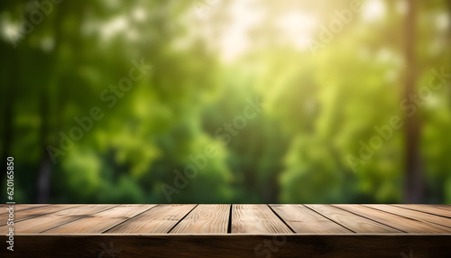 The empty wooden table top on defocus bokeh green nature sunset background. Abstract blurry light with Empty brown wooden perspective counter. show any product for advertising, Generative AI.