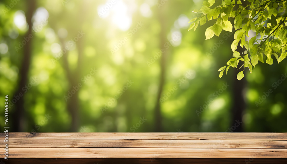The empty wooden table top on defocus bokeh green nature sunset background. Abstract blurry light with Empty brown wooden perspective counter. show any product for advertising, Generative AI. The empty wooden table top on defocus bokeh green nature sunset background. Abstract blurry light with Empty brown wooden perspective counter. show any product for advertising, Generative AI.
