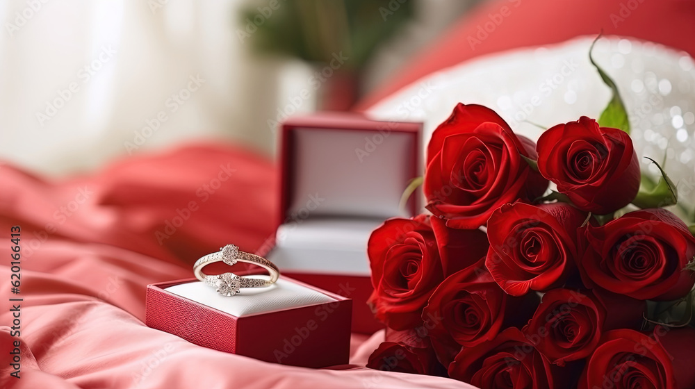 Boxes with beautiful roses and engagement ring on table in room. Valentine's Day celebration Boxes with beautiful roses and engagement ring on table in room. Valentine's Day celebration