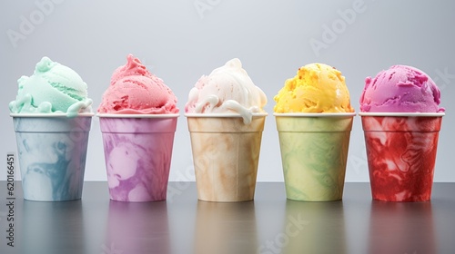 Summer food photography - Set collection of various colorful ice cream in paper cup, on bright table and background (Generative Ai)