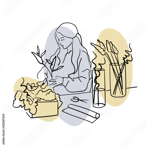 Professional florist working on table. Girl florist with flowers in line-art style with colour shape on a white background. Creation of bouquets. Flora shop. Vector outline illustration