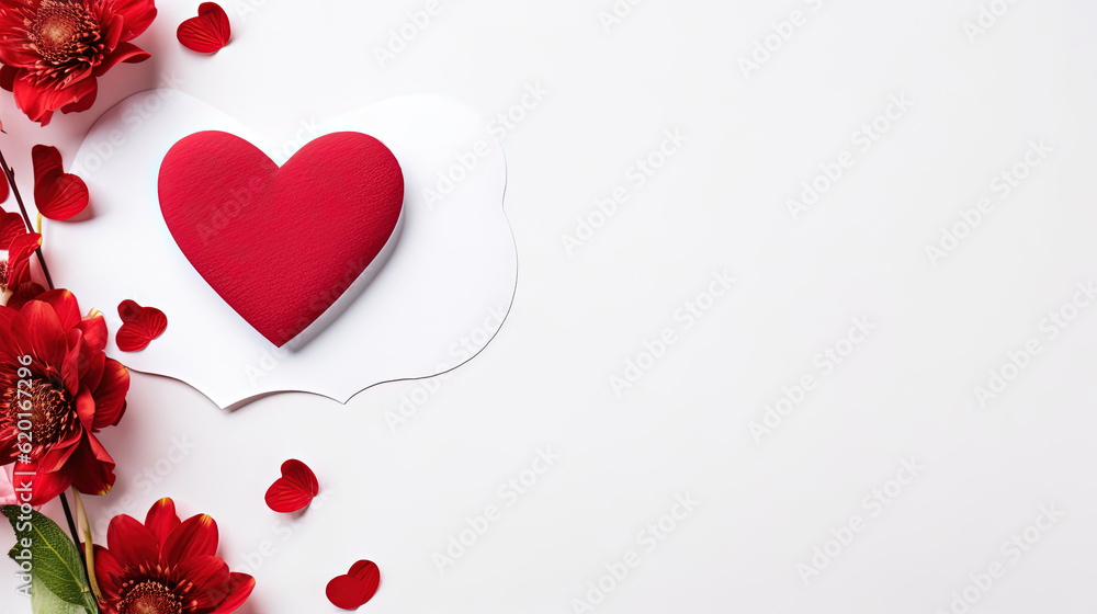 Card with red flowers on the background of a paper heart shaped tear. Valentines day