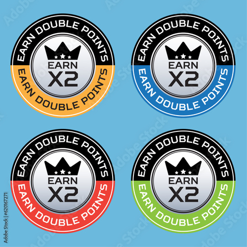 earn x2 double points badge, icon, stamp, logo, sticker label, special offer, earning, shopping, promo, isolated vector illustration, marketing, sale, credir, cashback, twice, pictogram symbol, sign.