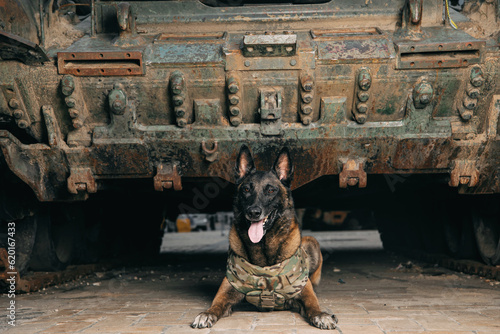 Malinois Dog in Bulletproof Vests against Military Equipment. Belgian Shepherd Malinois dog