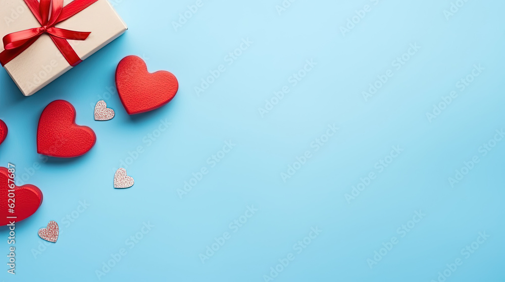 Greeting card and gift box with red heart on blue background, copy space for text