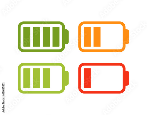 Battery icon set. High quality colorful style vector icons. Batery charge indicator. Baterry level, energy, full. Power low up status batteries logo. Green 100% 75%, orange 50%, red 25%, batteries.