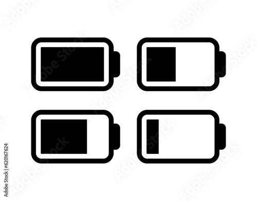 Battery icons set. High quality black style vector icons. Simple batery level, energy, full. Power low up status batteries logo. Baterry charge indicator 100, 75, 50, 25%.