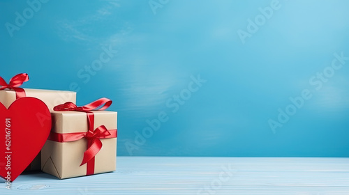Greeting card and gift box with red heart on blue background, copy space for text © Absent Satu